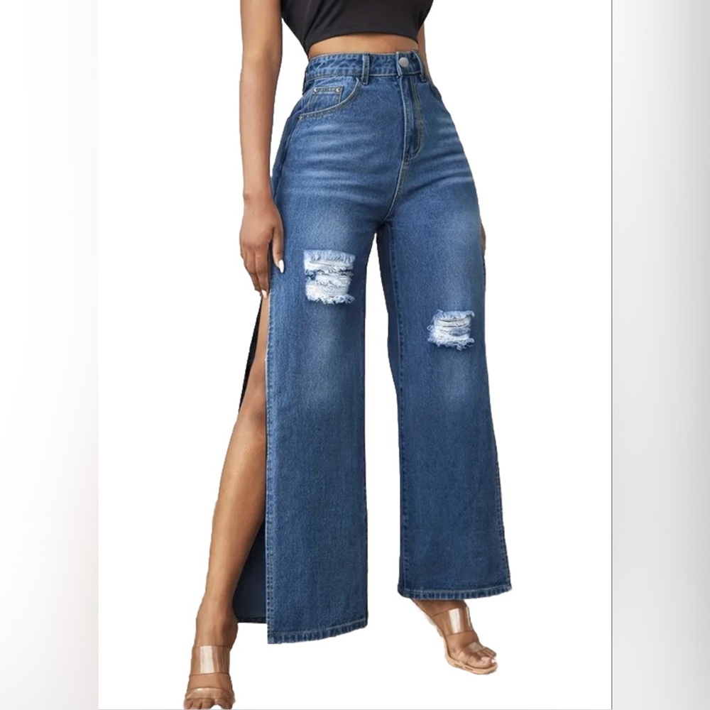NEW WOMENS HIGH WAIST SPLIT DETAIL DENIM JEANS